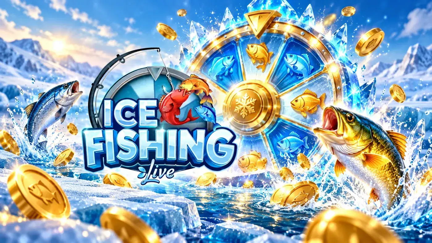 Ice Fishing Live prize wheel with a jumping fish and gold coins on the ice